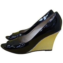 Russell & Bromley Patent Peeptoes with silver wedge Black Silvery