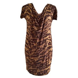 Diane Von Furstenberg-Vestido de seda de Gorro-Castaño,Estampado de leopardo,Caramelo