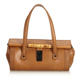 Gucci-Sac à balles en cuir et bambou-Marron,Marron clair