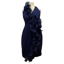 Vestido Marchesa Notte de seda com decote halter e guirlanda de flores azul escuro Azul escuro