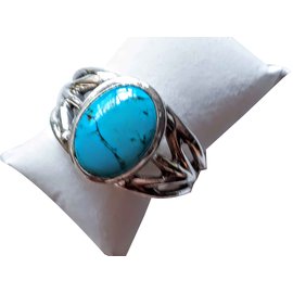 Autre Marque-bracelet manchette, en étain finition argentée + cabochon turquoise-Argenté
