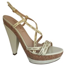 Prada-Patent leather cork heels-Cream