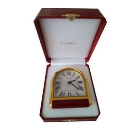 Cartier-Exclusive and rare vintage Cartier Romane Pendulette Clock/ Table clock/ Alarm.-Red,Golden