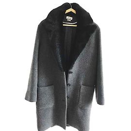 Zadig & Voltaire Oversized Wool Coat with Rabbit Fur Collar Grey Grey