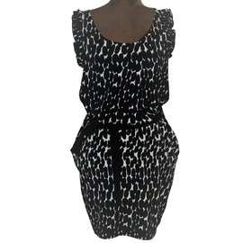 Gerard Darel Black and White Patterned Fluid Dress Black White