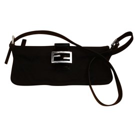 Fendi-Classic Baguette Nylon & Leather Shoulder Bag-Black