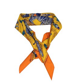 Hermès-Silk Scarf by Robert Dallet - Tendresse Feline-Blue,Orange,Yellow