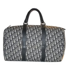 Christian Dior-CHRISTIAN DIOR vintage bag travel fabric Dior oblique-White,Navy blue
