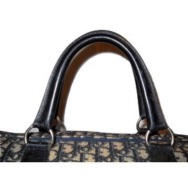 Christian Dior-CHRISTIAN DIOR vintage bag travel fabric Dior oblique-White,Navy blue