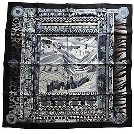 Hermès Lenço Hermes 90 A mulher com solas de vento. Colecionador. Preto Branco