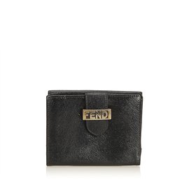 Fendi-Embossed Leather Short Wallet-Black