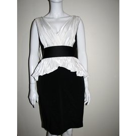 Marchesa-Peplum vestido de coctel blanco y negro-Negro,Blanco
