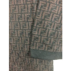 Fendi-logo print wool scarf-Brown