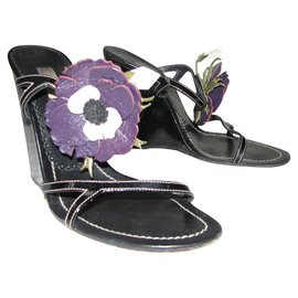Prada-Prada flor cuña sandalia-Negro,Púrpura