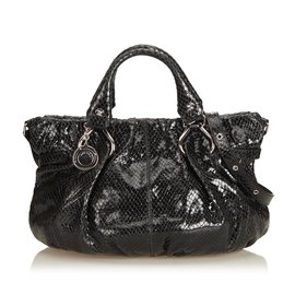 Céline-Embossed Patent Leather Satchel-Black