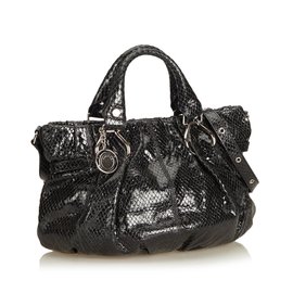 Céline-Embossed Patent Leather Satchel-Black