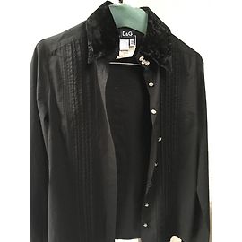Dolce & Gabbana Camicia in cotone con bottoni strass e colletto in velluto Nero Nero