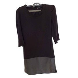 The Kooples-Superbe robe bi matière cuir et viscose-Noir