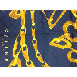 Céline-Vintage silk spine square-Golden,Navy blue