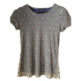 Antik Batik Top Camiseta Bordada com Pérolas Rosa Azul Algodão Rosa Azul