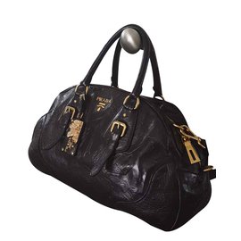 Prada-PRADA Black Printed Glace Leather Dome Bowler Bag BL0417-Black