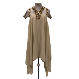 Autre Marque-Beige Ausschnitt Kleid mit Perlen T.38 - 40-Beige,Golden,Bronze