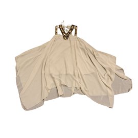 Autre Marque-Beige Ausschnitt Kleid mit Perlen T.38 - 40-Beige,Golden,Bronze