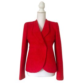 Carven Blazer Tweed Raffia Jacket Red