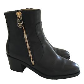 Chanel Black Leather Ankle Boots Size 36 Black