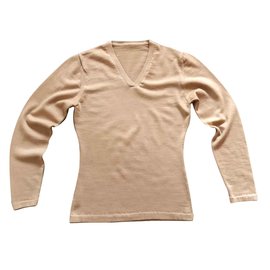 Autre Marque-Pull beige col V - 100% laine extra douce-Beige
