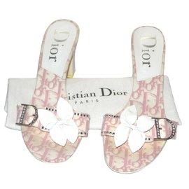 Dior-Dior mules en toile monogram rose-Rose,Blanc cassé