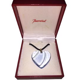 Baccarat Heart Pendant Blue Crystal Black Cord Blue
