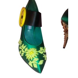 Prada-Sapatos de marca PRADA "Raso Ricamo" color Mango + giallo-Verde