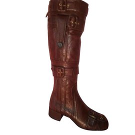 Prada-PRADA "Capra Old" knee high boots brown color-Brown