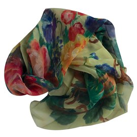 Christian Dior-Gran pañuelo de seda estampado de flores verde "christian dior".-Multicolor,Verde