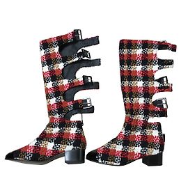 Chanel Tweed Stiefel Schwarz Rot Weiß Größe 38 Schwarz Weiß Rot