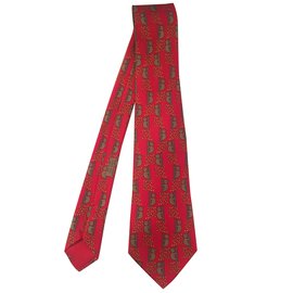 Hermès-Superbe cravate HERMES en soie imprimée couleur Marron / Rouge aux motifs de Panda, état neuf !-Rouge,Marron clair