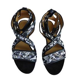 Sonia Rykiel Black Leather Sandals with Silver Sequins Black Silvery