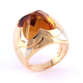 Bulgari-Vintage Bvlgari 18Anillo de pirámide de oro K & CItrine-Amarillo