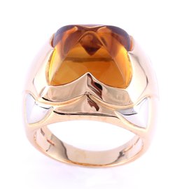 Bulgari-Vintage Bvlgari 18Anillo de pirámide de oro K & CItrine-Amarillo