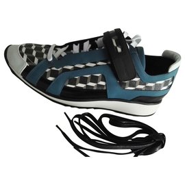 Pierre Hardy-Neuve Sneakers bleu vert Pointure 42 Cuir motif cube scratch velcro-Autre