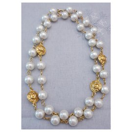 Chanel-Collar vintage perla chapada en oro Chanel-Dorado,Blanco roto