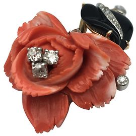 inconnue Spilla "Rose" in oro giallo, Corallo, onice e diamanti. Altro