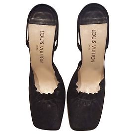 Louis Vuitton Black Suede Square Toe Mules Black