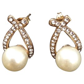 Autre Marque-Paar Vintage Ohrringe mit ausgefallenen Perlen und Strasssteinen-Weiß