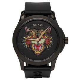 Gucci-MENS ANGRY CAT MOTIF BLACK RUBBER STRAP WATCH YA1264021-Black