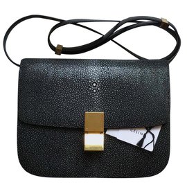 Céline-Rare! Stingray 24cm avec des étiquettes, Sac Box Classique-Noir,Gris