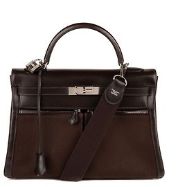 Hermès Impressionante e rara Hermes Kelly Lakis 32 alça de ombro caixa de couro bi-material e lona marrom em excelente estado! Marrom