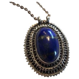 Autre Marque-Llapis cabochon in lazuli con montatura in argento con catena.-Blu