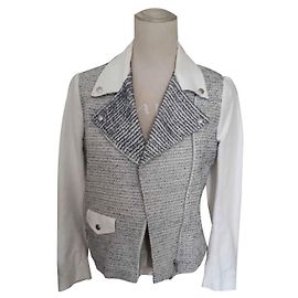 Sandro White and Blue Tweed Perfecto Jacket White